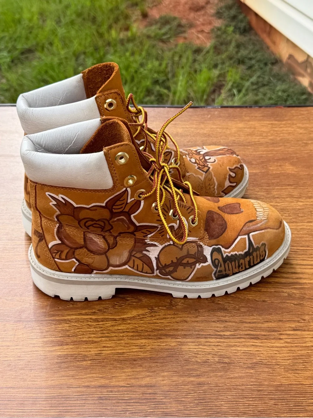 Timberland 6” Custom Hand Painted Aquarius Skull Rose Boots Boys 5.5 Women 7